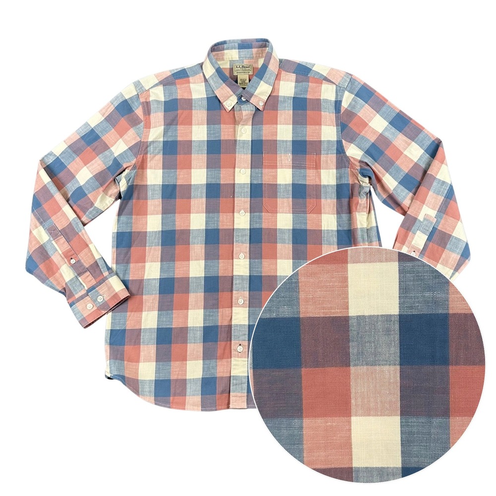 LL Bean Button Down Shirt Mens Medium Trad Fit Blue Red Plaid Performance